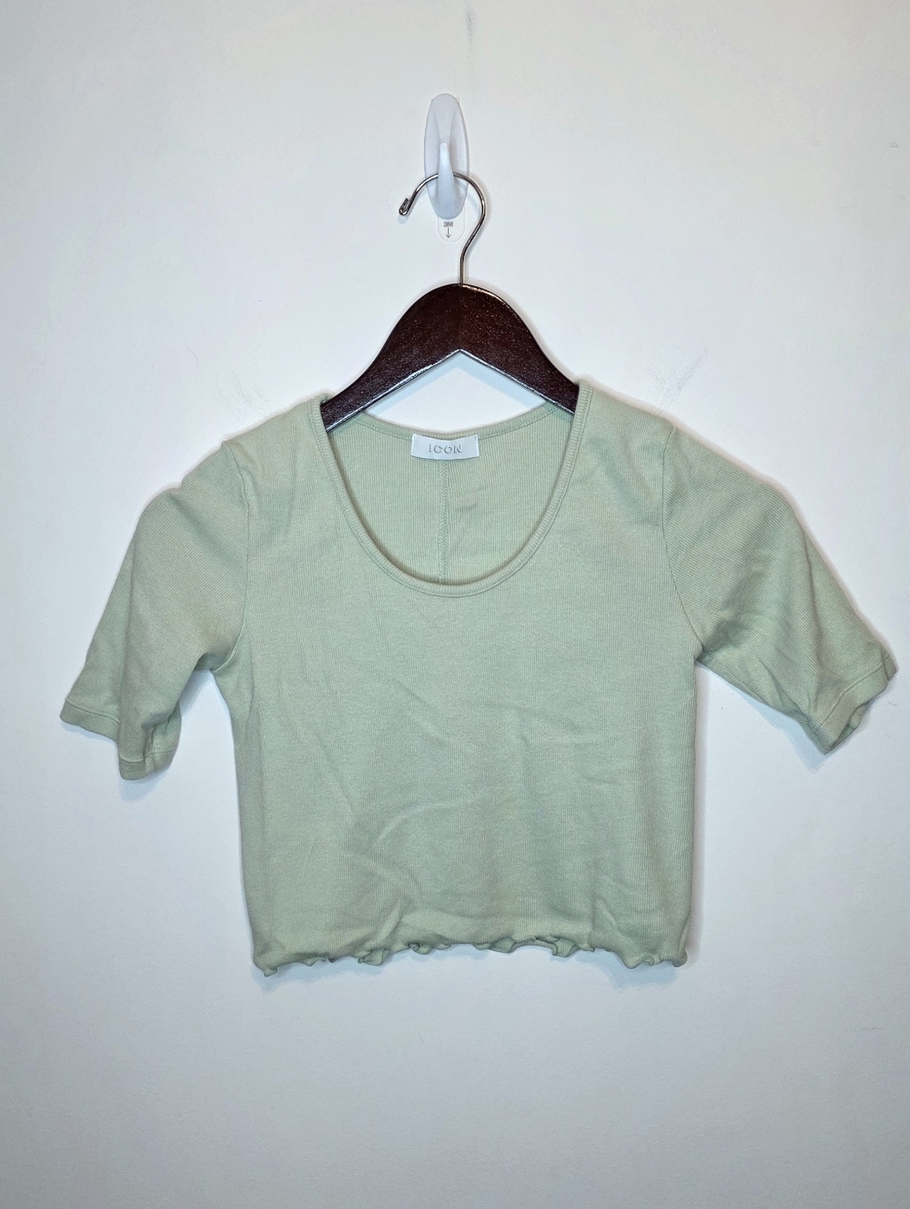 Icon Ceremony Korea Sage Green Ribbed Lettuce Hem Crop Top Scoop Neck Size Small